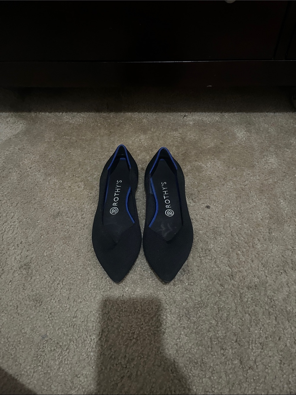 Rothy's Women's Pointed Flat in Black with Blue Trim